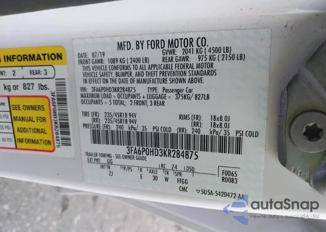 2019 Ford Fusion Se z USA, uszkodzony, nr VIN 3FA6P0HD3KR284875